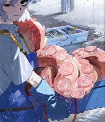  1boy apron bags_under_eyes black_eyes blue_apron dungeon_meshi elf gapamopa gloves grey_hair holding holding_tray lazy_eye looking_at_viewer male_focus mithrun notched_ear octopus pointy_ears shirt short_hair short_sleeves solo tentacles tray uneven_eyes wavy_hair 