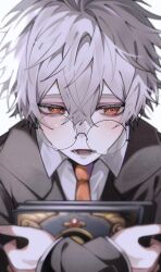  1boy @_@ alternate_costume black_jacket blush book collared_shirt commentary_request crooked_eyewear glasses grey_hair hair_between_eyes highres holding holding_book jacket long_sleeves male_focus missing_tooth necktie omumeshi open_mouth orange_eyes orange_necktie round_eyewear shirt simple_background skully_j._graves sweat twisted_wonderland white_background white_shirt 