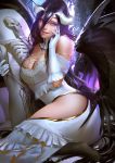  1girl ainz_ooal_gown albedo banned_artist bare_shoulders bed black_feathers black_hair black_legwear black_wings body_pillow breasts cleavage commentary dakimakura_(object) demon_girl demon_horns demon_wings detached_collar dress english_commentary feathered_wings feathers finger_to_cheek gloves hair_between_eyes hip_vent hips holding holding_pillow horns jewelry large_breasts low_wings lying necklace on_side overlord_(maruyama) parted_lips pillow pink_lips red_eyes ring sitting skeleton skull smile white_dress white_gloves wings yellow_eyes zumi_(zumidraws) 