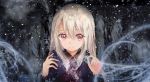  1girl fate/stay_night fate_(series) flemare0224 hair_between_eyes highres illyasviel_von_einzbern long_hair purple_shirt red_eyes shirt silver_hair smile snowflakes snowing solo upper_body 