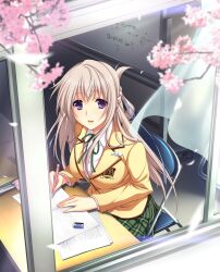  1girl artist_request blazer blurry blurry_foreground book breasts chair cherry_blossoms classroom collared_shirt commentary_request desk eraser falling_petals green_ribbon green_skirt hatsukoi_1/1 highres holding holding_pen jacket large_breasts light_brown_hair long_hair long_sleeves looking_outside makabe_midori neck_ribbon notebook open_book parted_lips pen petals pink_petals plaid_clothes plaid_skirt ribbon school_desk school_uniform second-party_source shirt skirt solo violet_eyes white_shirt window writing yellow_jacket 