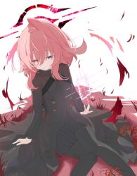  1girl black_coat black_pantyhose black_skirt blue_archive blue_eyes coat hair_between_eyes hands_on_floor heterochromia hoshino_(blue_archive) hoshino_terror_(blue_archive) medium_hair on_floor pantyhose pink_hair skirt squinting yellow_eyes zizhucan 