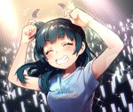  1girl ^_^ arms_up bangs blue_hair blue_shirt blush closed_eyes closed_eyes clothes_writing commentary_request demon_horns eyebrows_visible_through_hair finger_horns glowstick grin group_name horns kobayashi_aika long_hair love_live! love_live!_sunshine!! notice_lines sakura_yuki_(clochette) seiyuu_connection shirt side_bun smile solo sparkle sweat t-shirt tsushima_yoshiko upper_body v-neck 