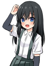  1girl arm_warmers asashio_(kancolle) black_hair blue_eyes comiching commentary_request kantai_collection long_hair open_mouth pleated_skirt shirt skirt smile solo suspender_skirt suspenders upper_body white_shirt 