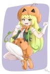  1girl :d bow bowtie bubble_skirt center_frills clenched_hands commentary eyebrows_visible_through_hair fangs full_body gloves green_eyes green_hair highres jack-o&#039;-lantern_(kemono_friends) kemono_friends long_hair looking_at_viewer maccha_pudding_(dragonmaster464) open_mouth orange_footwear orange_neckwear pantyhose pumpkin_on_head shirt shoes signature simple_background skirt smile solo white_gloves white_legwear white_shirt 