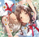  2girls blush bow brown_eyes brown_hair closed_eyes dress_shirt flower fly_(marguerite) holding holding_another&#039;s_hair holding_flower light_brown_hair mole mole_under_mouth multiple_girls original parted_lips petals red_bow red_neckwear red_ribbon ribbon school_uniform shirt white_shirt yuri 