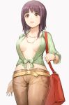  1girl :d bag bangs belt_buckle bracelet breasts brown_eyes brown_hair brown_pants buckle collarbone commentary_request eyebrows_visible_through_hair fingernails front-tie_top green_shirt grey_background highres itsuwa jewelry long_hair long_sleeves looking_away medium_breasts midriff navel necklace open_mouth pants round_teeth shirt shoulder_bag simple_background smile solo suzuki_puramo teeth to_aru_majutsu_no_index upper_teeth white_background yellow_belt 
