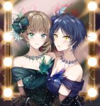  2girls aqua_bow aqua_dress black_gloves blue_bow blue_dress blue_eyes blue_feathers blue_hair bow dress earrings elbow_gloves feathers gloves green_eyes green_feathers grey_hair hair_bow hair_feathers hayami_kanade heterochromia idolmaster idolmaster_cinderella_girls jewelry lace lace_gloves looking_at_viewer multiple_girls mysterious_eyes_(idolmaster) necklace nennen off-shoulder_dress off_shoulder parted_lips short_hair smile sparkle takagaki_kaede upper_body yellow 