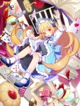  1girl :o ahoge alice_in_wonderland blonde_hair blue_dress blue_footwear bonnet book card checkerboard_cookie cookie cup door dress falling food heart highres long_hair looking_at_viewer maru-kichi mouse open_book picture_frame playing_card red_eyes solo spilling tea teacup teapot very_long_hair white_legwear 