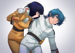  1boy 1girl aeug after_battle bad_end belt black_hair blue_eyes blue_hair carrying carrying_person commentary_request crazy empty_eyes fa_yuiry gloves gradient_background gundam highres kamille_bidan kogetoriten_999 pilot_suit ptsd sad science_fiction spacesuit spoilers thousand_yard_stare tikarawaza zeta_gundam 