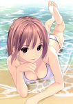  1girl absurdres bangs bare_shoulders barefoot beach bikini breasts brown_hair chin_rest cleavage day eyebrows_visible_through_hair hand_on_own_chin highres koutaro looking_at_viewer lying medium_breasts on_stomach original outdoors scan shiny shiny_hair shiny_skin side-tie_bikini sidelocks smile solo swimsuit toes violet_eyes water 