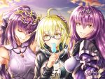  3girls ;) ahoge artoria_pendragon_(all) black-framed_eyewear blonde_hair blue_sky bow breasts brown_eyes clouds day diadem donkikong_(pixiv17278003) dress eyebrows_visible_through_hair fate/grand_order fate_(series) floating_hair food glasses gloves grin hair_between_eyes hair_bow hand_on_another&#039;s_head head_tilt holding holding_food ice_cream long_hair looking_at_viewer looking_to_the_side medium_breasts multiple_girls mysterious_heroine_x_(alter) one_eye_closed outdoors purple_dress purple_gloves purple_hair scathach_(fate)_(all) scathach_(fate/grand_order) semi-rimless_eyewear shiny shiny_hair short_hair shoulder_armor sky sleeveless smile spaulders under-rim_eyewear upper_body white_bow yellow_eyes 