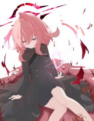  1girl bare_legs black_coat black_skirt blue_archive blue_eyes coat hair_between_eyes hands_on_floor heterochromia hoshino_(blue_archive) hoshino_terror_(blue_archive) medium_hair on_floor pink_hair skirt squinting yellow_eyes zizhucan 