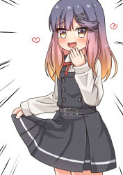  1girl asashio_(kancolle) asashio_kai_ni_(kancolle) asashio_kai_ni_(kancolle)_(cosplay) comiching commentary_request cosplay cowboy_shot dress emphasis_lines gradient_hair heart highres kantai_collection mesugaki multicolored_hair open_mouth orange_hair pinafore_dress purple_hair shirt skirt_hold sleeveless sleeveless_dress smile solo tsushima_(kancolle) white_shirt yellow_eyes 