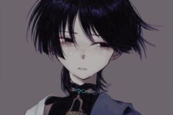  1boy bags_under_eyes black_bodysuit black_eyes black_hair blue_cape blunt_ends bodysuit cape commentary crying empty_eyes english_commentary ff9900 genshin_impact grey_background loose_hair_strand male_focus mandarin_collar parted_bangs parted_lips portrait scaramouche_(genshin_impact) shoulder_peek sideways_glance solo streaming_tears tears wanderer_(genshin_impact) white_sleeves 