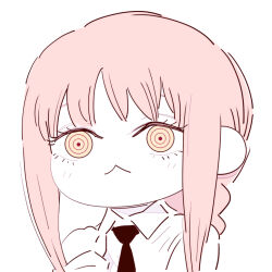  1girl :< black_necktie braid braided_ponytail business_suit chainsaw_man chibi collared_shirt commentary_request deer60868637 formal long_hair looking_at_viewer makima_(chainsaw_man) medium_hair necktie redhead ringed_eyes shirt shirt_tucked_in sidelocks simple_background solo suit upper_body white_shirt 