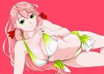  1girl akashi_(kantai_collection) bikini breasts cleavage collarbone commentary_request cowboy_shot film_grain front-tie_top gradient_bikini green_eyes hair_ribbon kantai_collection large_breasts long_hair looking_at_viewer lying navel ojipon on_side pink_background pink_hair ribbon side-tie_bikini simple_background smile solo swimsuit tress_ribbon white_bikini 