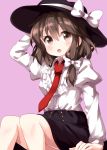  1girl :o black_bow black_skirt bow brown_eyes brown_hair frills hair_between_eyes hair_bow hat hat_bow highres juliet_sleeves long_sleeves looking_at_viewer medium_hair necktie pink_background puffy_sleeves red_neckwear ruu_(tksymkw) shirt simple_background sitting skirt solo touhou usami_renko white_bow white_shirt 