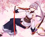  1girl absurdres armor asymmetrical_sleeves cherry_blossoms fate/grand_order fate_(series) fingerless_gloves gloves grey_hair hair_between_eyes hair_ribbon highres hip_vent holding holding_weapon japanese_armor japanese_clothes justice_kidd kimono long_hair looking_at_viewer red_eyes red_gloves red_ribbon ribbon sash shoulder_armor single_detached_sleeve slit_pupils smile sode solo tomoe_gozen_(fate/grand_order) weapon 