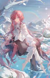  1girl absurdres anklet bare_tree barefoot blue_eyes blue_sky branch cross_tie day full_body hair_over_one_eye hand_on_own_knee highres jewelry linghuizi long_hair long_sleeves looking_at_viewer medium_skirt mountain outdoors pants pants_under_skirt puffy_long_sleeves puffy_sleeves red_skirt redhead reverse:1999 shirt sitting sitting_on_branch skirt sky snow snowing solo tree very_long_hair water white_pants white_shirt yenisei_(reverse:1999) 