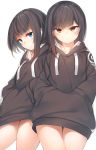  2girls bangs blue_eyes blush brown_eyes brown_hair brown_hoodie closed_mouth drawstring eyebrows_visible_through_hair hands_in_pocket highres hood hood_down hoodie long_hair long_sleeves looking_at_viewer multiple_girls original puffy_long_sleeves puffy_sleeves simple_background tsunekichi white_background 