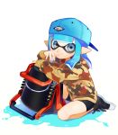  1girl backwards_hat baseball_cap bike_shorts black_footwear blue_eyes blue_hair blue_hat camouflage closed_mouth domino_mask full_body hat hood hood_down hoodie inkling long_hair long_sleeves looking_at_viewer mask nintendo o_(maru14mori) paint pointy_ears shoes simple_background slosher_(splatoon) smile sneakers solo splatoon splatoon_2 tentacle_hair white_background 