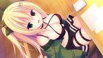  blonde_hair blush breasts choker criss-cross_halter desk eyebrows_visible_through_hair from_above game_cg green_eyes hair_ornament hairclip halterneck hasune highres jacket large_breasts long_hair navel off_shoulder official_art open_clothes open_jacket open_mouth raspberry_cube sitting thigh_strap two_side_up yuzuki_yuu 