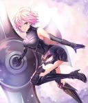  1girl absurdres armored_boots armored_leotard black black_legwear boots breasts breasts_apart clouds csc00014 elbow_gloves fate/grand_order fate_(series) floating_hair gloves high_heels highres holding_shield large_breasts leg_up leotard looking_at_viewer mash_kyrielight outstretched_arms pink_hair shield short_hair solo standing standing_on_one_leg thigh-highs violet_eyes 