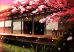  architecture cherry_blossoms east_asian_architecture grass no_humans original outdoors petals pink_sky scenery sliding_doors waraimasuka 