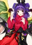  1girl animal_ears blush claw_pose dragon_wings dress fangs fire_emblem fire_emblem:_seima_no_kouseki fire_emblem_heroes fur_trim gao halloween highres long_hair looking_at_viewer myrrh nintendo open_mouth purple_hair rabbit_ears red_eyes satoimo_chika simple_background solo twintails white_background wings 
