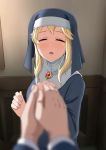  1girl blonde_hair blurry blush brooch clarice_(idolmaster) closed_eyes depth_of_field facing_viewer gem habit hand_holding hige_(com) idolmaster idolmaster_cinderella_girls indoors jewelry long_hair nun open_mouth pov proposal solo_focus 