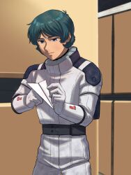  1boy aeug argama belt blue_eyes blue_hair commentary_request fake_screenshot gloves gundam hallway highres holding holding_paper kamille_bidan kogetoriten_999 origami paper paper_airplane pilot_suit spacecraft_interior tikarawaza zeta_gundam 