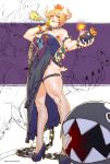  1girl bare_shoulders black_collar black_dress black_nails blonde_hair blue_earrings blue_eyes bob-omb bomb borrowed_design bowsette bracelet breasts breathing_fire chain_chomp chains cleavage collar crown dress earrings fingernails fire from_below genderswap high_heels highres holding horns jewelry large_breasts super_mario_bros. muscle nail_polish new_super_mario_bros._u_deluxe nintendo rejean_dubois sharp_fingernails sharp_teeth spiked_armlet spiked_bracelet spiked_collar spiked_shell spiked_tail spikes standing strapless strapless_dress super_crown super_mario_bros. tail teeth thigh_strap transformation turtle_shell 