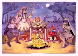  1boy 3girls ^_^ animal_ears animal_hat armor black_bodysuit black_dress black_eyes black_footwear black_veil blue_hair blue_veil blunt_bangs blunt_sidelocks bodysuit boots breastplate breasts cable campfire camping cape cat_hat claws cloak closed_eyes coat coat_on_shoulders commission digimon digimon_(creature) dress eating electric_plug facial_hair fire food food_in_mouth frown full_moon gankoomon geta goatee goggles goggles_on_head green_eyes grey_eyes grey_hair habit hair_over_one_eye hand_to_own_mouth hand_up hat holding holding_stick hood hood_up horns industrial_pipe log long_sidelocks long_sleeves looking_at_another lop_rabbit_ears marshmallow moon mouse_hat multiple_girls mustache night night_sky nun painting_(medium) pencil_mustache pink_veil pinky_out rabbit_ears rabbit_hat red_cape red_cloak red_hood redhead roasted_marshmallow roasting sandals short_dress short_hair siblings single_horn sistermon_blanc sistermon_ciel sistermon_noir sisters sitting sitting_on_log sky solid_circle_eyes sparkle standing stick tail taragraphika tengu-geta thigh_boots traditional_media tree twins unworn_sandals veil watercolor_(medium) white_coat white_dress white_footwear yellow_eyes 