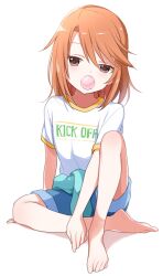  1girl arm_support barefoot blue_shorts blush breasts brown_eyes buchi_(y0u0ri_) chewing_gum clothes_around_waist dot_nose full_body hair_between_eyes highres idolmaster idolmaster_cinderella_girls idolmaster_cinderella_girls_starlight_stage knee_up long_hair looking_at_viewer orange_hair shirt short_sleeves shorts simple_background sitting small_breasts solo white_background white_shirt yellow_trim yuuki_haru 