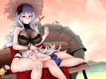  2girls artist_name azur_lane bangs barefoot beach bench bird black_flower blue_swimsuit blunt_bangs blush bracelet breasts cape chicken closed_eyes clouds dutch_angle evening fanning_face flower graf_zeppelin_(azur_lane) hair_between_eyes hair_flower hair_ornament hand_on_another&#039;s_head hat highres hips jewelry lap_pillow large_breasts long_hair looking_at_another lying mole mole_under_eye multiple_girls one-piece_swimsuit outdoors red_cape red_eyes see-through sereneandsilent silver_hair sitting size_difference sky smile straw_hat swimsuit taut_clothes taut_swimsuit thigh_tattoo thighs turtleneck very_long_hair z46_(azur_lane) 
