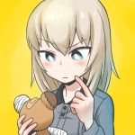  1girl bandaid blue_eyes boko_(girls_und_panzer) closed_mouth commentary_request dress_shirt eyebrows_visible_through_hair finger_to_face frown girls_und_panzer grey_shirt holding holding_stuffed_animal itsumi_erika kuromorimine_school_uniform long_hair long_sleeves partial_commentary portrait raised_eyebrow shirai_keita shirt silver_hair simple_background solo stuffed_animal stuffed_toy teddy_bear v-shaped_eyebrows white_pupils yellow_background 