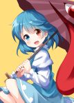  1girl :d blue_eyes blue_hair blue_skirt blue_vest eyes_visible_through_hair heterochromia highres juliet_sleeves long_sleeves looking_at_viewer open_mouth puffy_sleeves red_eyes ruu_(tksymkw) shirt short_hair simple_background skirt smile solo tatara_kogasa tongue touhou umbrella vest white_shirt yellow_background 