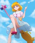  1girl asahina_mirai blonde_hair blue_skirt blue_sky broom broom_riding closed_eyes clouds day eyebrows_visible_through_hair haruyama_kazunori legs looking_at_viewer mahou_girls_precure! mofurun_(mahou_girls_precure!) precure puffy_short_sleeves puffy_sleeves rod short_hair short_sleeves skirt sky smile violet_eyes 