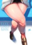  bench blurry brown_footwear character_request depth_of_field highres k.ty_(amejin) legs_crossed loafers red_legwear shiny shiny_skin shoes signature sitting socks ssss_gridman thighs twitter_username 