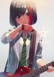  1girl bang_dream! bangs black_hair blazer blush bob_cut bracelet collared_shirt commentary_request electric_guitar green_neckwear grey_jacket group_name guitar hand_to_own_mouth hand_up haneoka_school_uniform instrument jacket jewelry looking_at_viewer mitake_ran multicolored_hair nail_polish necktie open_mouth plectrum poligon_(046) red_eyes red_nails redhead school_uniform shirt short_hair sleeves_folded_up solo sparkle streaked_hair striped_neckwear upper_body upper_teeth v-shaped_eyebrows white_shirt 