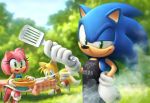  amy_rose apron barbecue cook food hedgehog meat no_humans plate rasein sausage smoke sonic sonic_the_hedgehog spatula table tablecloth tails_(sonic) 