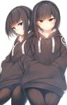  2girls bangs blue_eyes blush brown_eyes brown_hair brown_hoodie brown_legwear closed_mouth commentary_request drawstring eyebrows_visible_through_hair hands_in_pocket highres hood hood_down hoodie long_hair long_sleeves looking_at_viewer multiple_girls original pantyhose puffy_long_sleeves puffy_sleeves ribbed_legwear simple_background tsunekichi white_background 