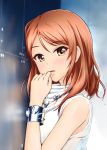  1girl against_wall bangs blush bracelet brown_eyes commentary_request diesel-turbo dress eyebrows_visible_through_hair from_side hand_on_own_face hand_up houjou_karen idolmaster idolmaster_cinderella_girls jewelry long_hair looking_at_viewer looking_to_the_side orange_hair parted_lips pink_lips pom_pom_(clothes) reflection sleeveless sleeveless_dress sleeveless_turtleneck solo swept_bangs turtleneck turtleneck_dress upper_body white_dress 