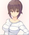  1girl bangs breasts casual closed_mouth commentary_request eyebrows_visible_through_hair girls_und_panzer grey_shirt long_sleeves looking_at_viewer medium_breasts nishizumi_maho shirt short_hair smile solo standing striped striped_shirt upper_body uro white_shirt 