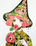  1girl blush eyebrows_visible_through_hair eyes flower flower_on_head green_eyes hat highres holding holding_flower leaf looking_at_viewer maruti_bitamin original pale_skin red_flower redhead short_hair simple_background smile solo tears upper_body white_background witch_hat 