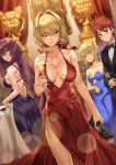  1boy 3girls :o :t ahoge alcohol aqua_eyes arm_at_side artoria_pendragon_(all) back backless_dress backless_outfit bag bare_arms bare_shoulders black_bow black_jacket black_neckwear blonde_hair blue_dress blue_ribbon blurry blurry_background blush bow bowtie breasts brown_eyes cake champagne champagne_flute cleavage closed_mouth collarbone cup depth_of_field dress drinking_glass dutch_angle emiya_shirou evening_gown eyebrows_visible_through_hair fate_(series) feet_out_of_frame fine_art_parody food formal green_eyes hair_between_eyes hair_intakes hair_ribbon handbag highres holding holding_arm holding_bag holding_cup honey_yun indoors jacket large_breasts lens_flare looking_at_viewer looking_to_the_side medium_breasts mona_lisa multiple_girls nekoarc nero_claudius_(fate) nero_claudius_(fate)_(all) open_mouth painting_(object) parody parted_lips pelvic_curtain pink_lips pout purple_dress purple_hair rainmaker red_dress red_eyes red_ribbon redhead ribbon saber scathach_(fate)_(all) scathach_(fate/grand_order) short_hair sideboob sidelocks simple_background sleeveless sleeveless_dress sparkle standing statue strapless strapless_dress suit sweat table thighs v-shaped_eyebrows 