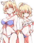  2girls animal_ear_fluff animal_ears arm_behind_back bangs bare_arms bare_shoulders bikini blonde_hair blue_bikini_bottom blue_bikini_top breasts cleavage closed_mouth collarbone cowboy_shot eyebrows_visible_through_hair fox_ears fox_girl fox_tail gokuu_(acoloredpencil) green_eyes hair_between_eyes large_breasts medium_breasts mizuhashi_parsee multiple_girls multiple_tails navel pointy_ears ponytail short_hair side-tie_bikini simple_background slit_pupils smile swimsuit tail touhou white_background white_bikini white_bikini_bottom white_bikini_top yakumo_ran yellow_eyes 