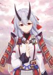  1girl armor baseness blurry bow commentary_request depth_of_field fate/grand_order fate_(series) hair_bow hair_ribbon hair_tubes highres holding japanese_armor kote kusazuri long_hair looking_at_viewer oni_horns petals red_eyes ribbon silver_hair smile solo tomoe_gozen_(fate/grand_order) wind 