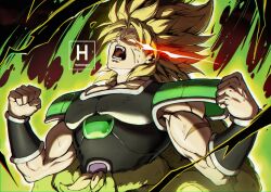  1boy artist_logo black_shirt blonde_hair broly_(dragon_ball_super) clenched_hands dragon_ball eye_trail glowing glowing_eyes hydeover9000 large_pectorals light_trail male_focus muscular muscular_male open_mouth pectorals scar scar_on_cheek scar_on_face shirt short_hair shouting solo spiky_hair teeth veins veiny_arms veiny_hands wristband 